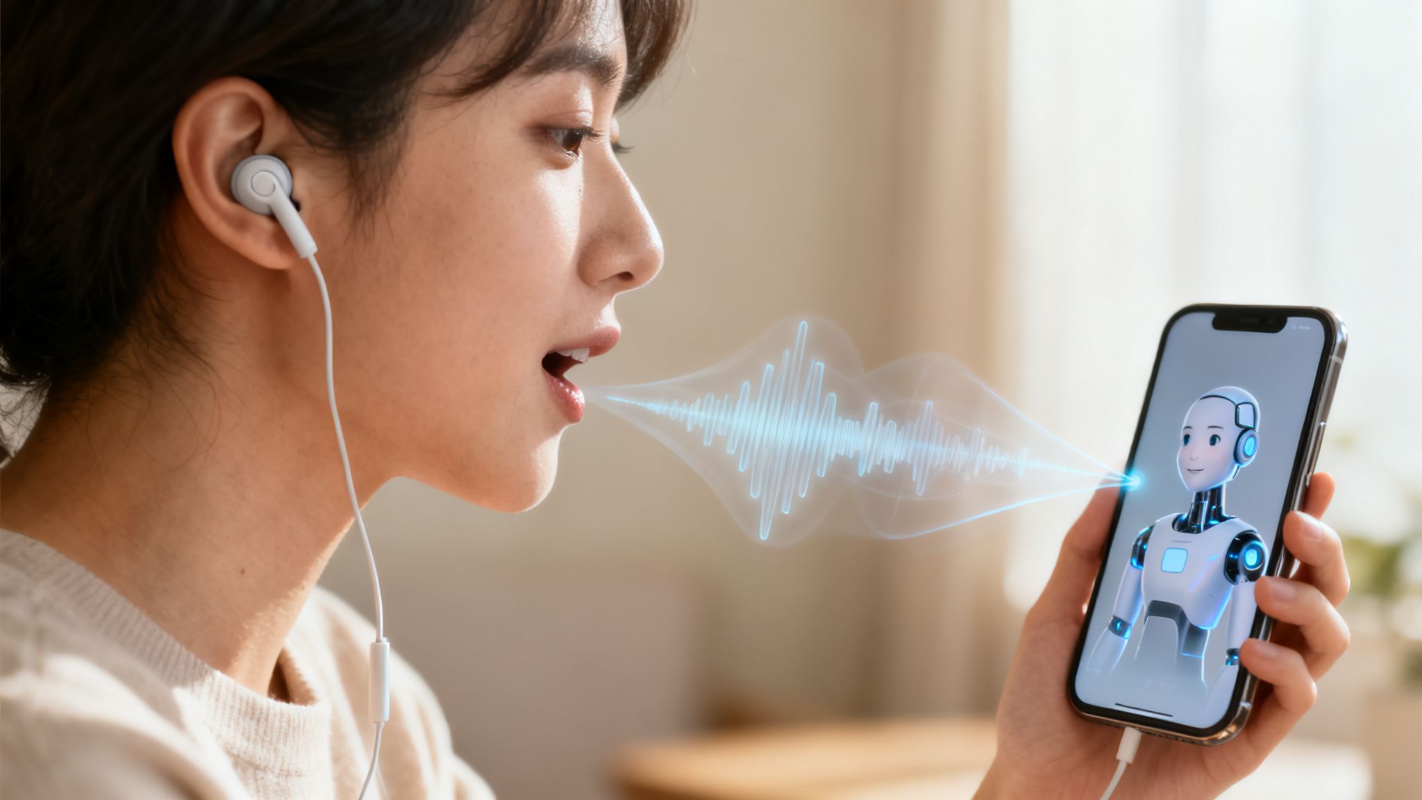 A young woman speaks into a smartphone, interacting with an AI voice assistant, visualized with sound waves.