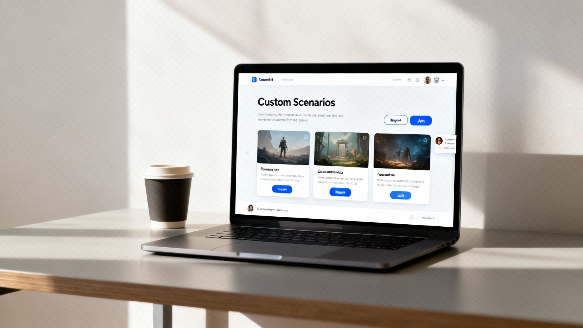 A laptop on a clean desk displaying a 'Custom Scenarios' web page, next to a coffee cup.