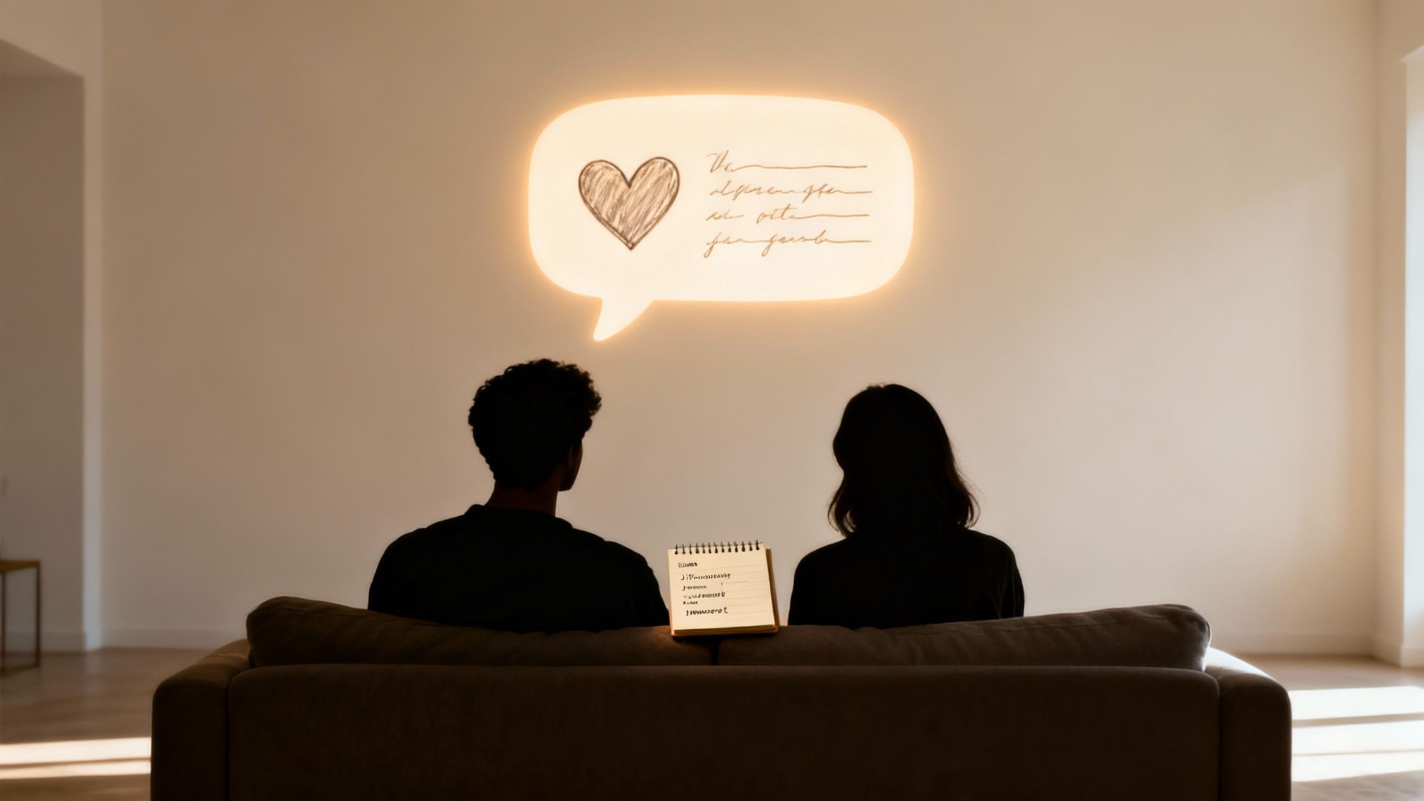 Silhouetted couple on a couch looking at a glowing speech bubble with a heart and text.