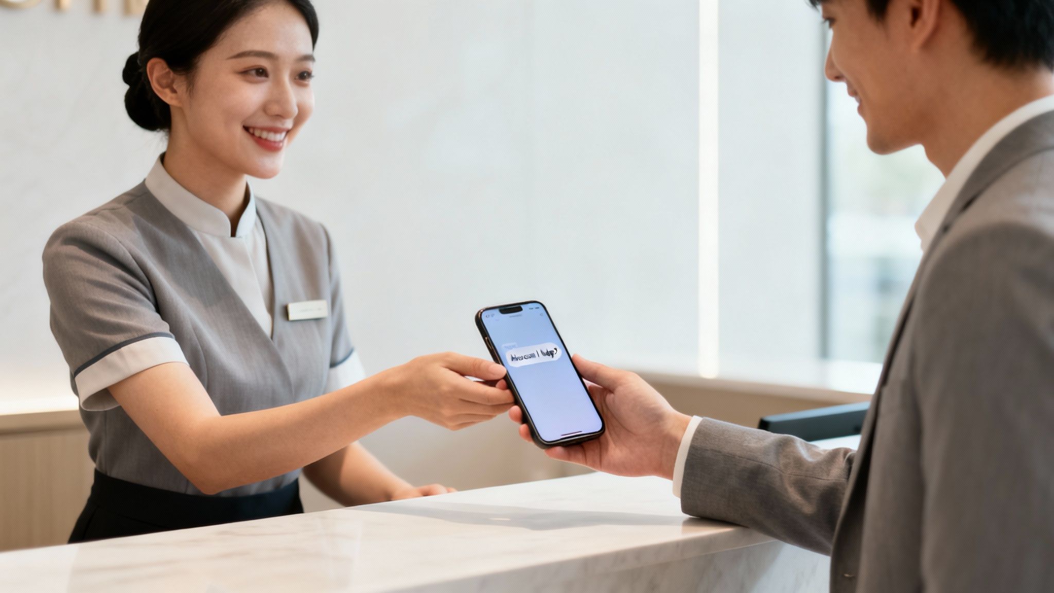 Smiling hotel receptionist assisting a man using a mobile phone at the check-in counter.