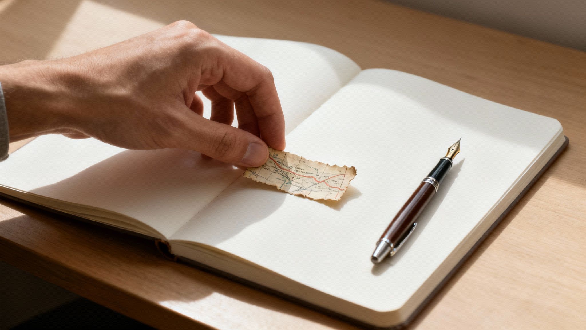 A hand places a small, torn old map onto an open notebook with a fountain pen on a wooden table.