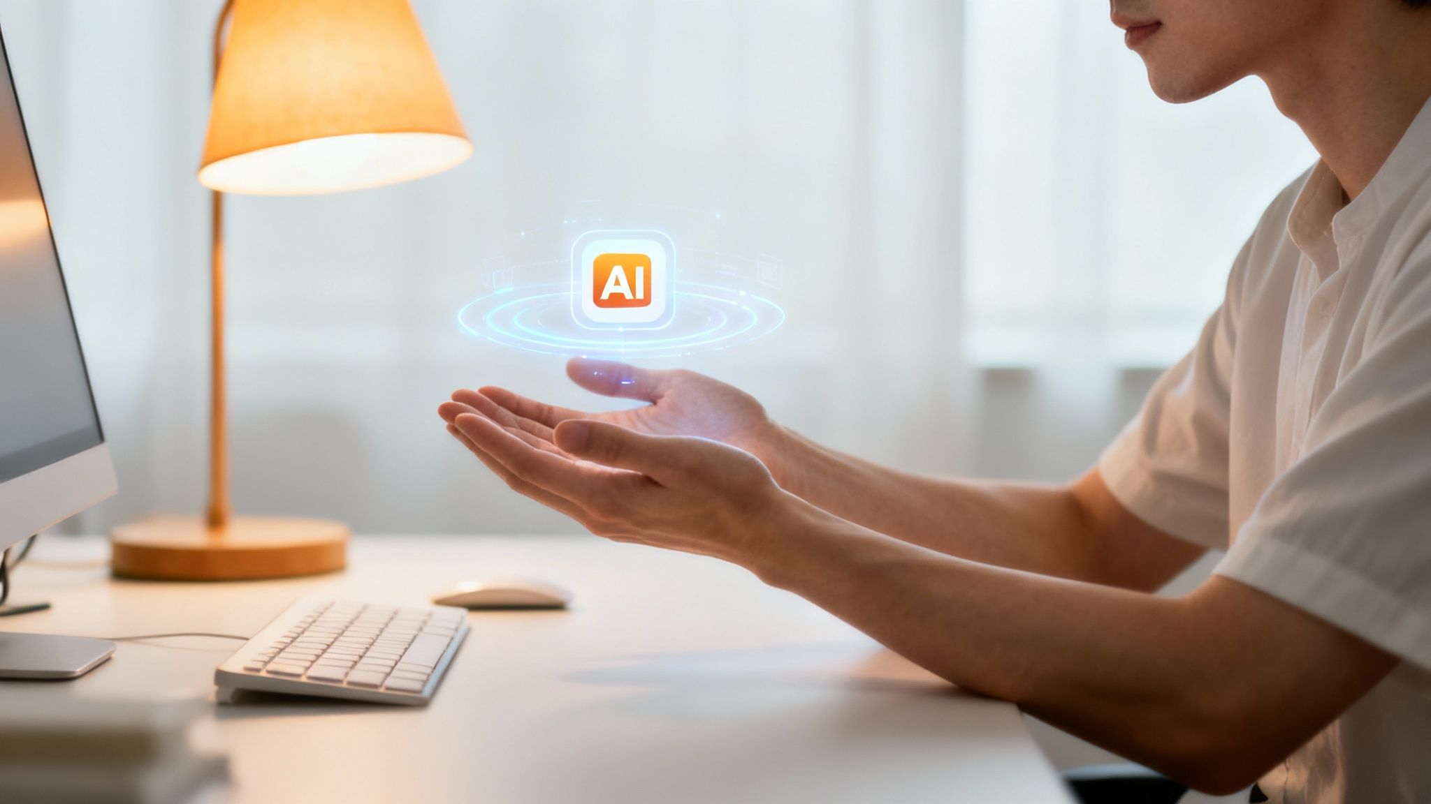 A person holds their hands under a glowing holographic AI icon, symbolizing artificial intelligence technology.
