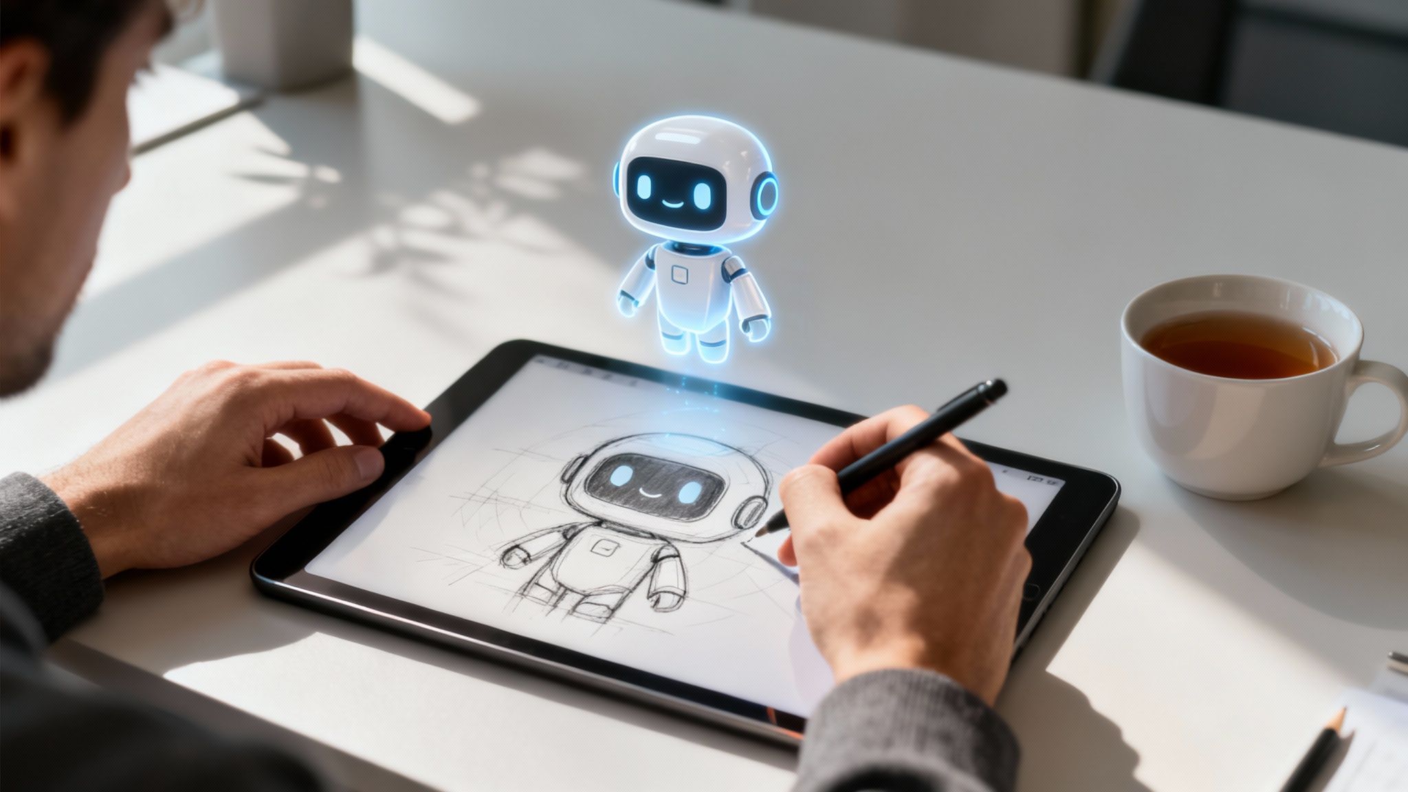 A person sketches a robot character on a digital tablet, with a glowing 3D holographic robot hovering above.
