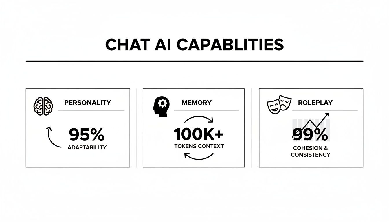 Overview of Chat AI capabilities: personality adaptability, extensive memory context, and high roleplay consistency.