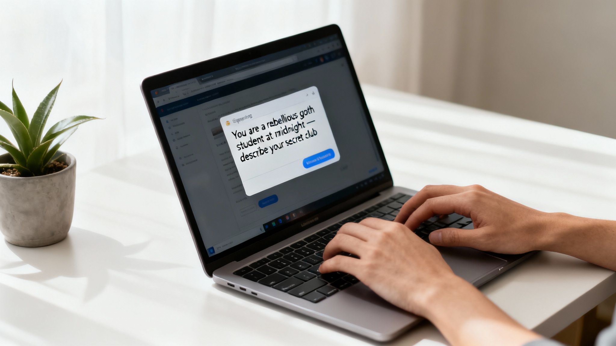 Hands typing on a laptop displaying an AI prompt: 'You are a rebellious goth student at midnight—describe your secret club'.