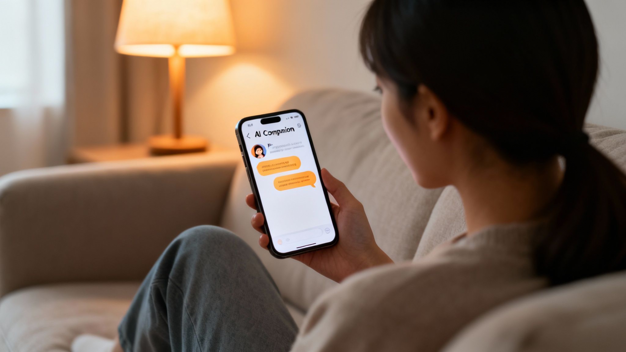 A person sitting on a couch, viewing an AI companion chat on their smartphone.