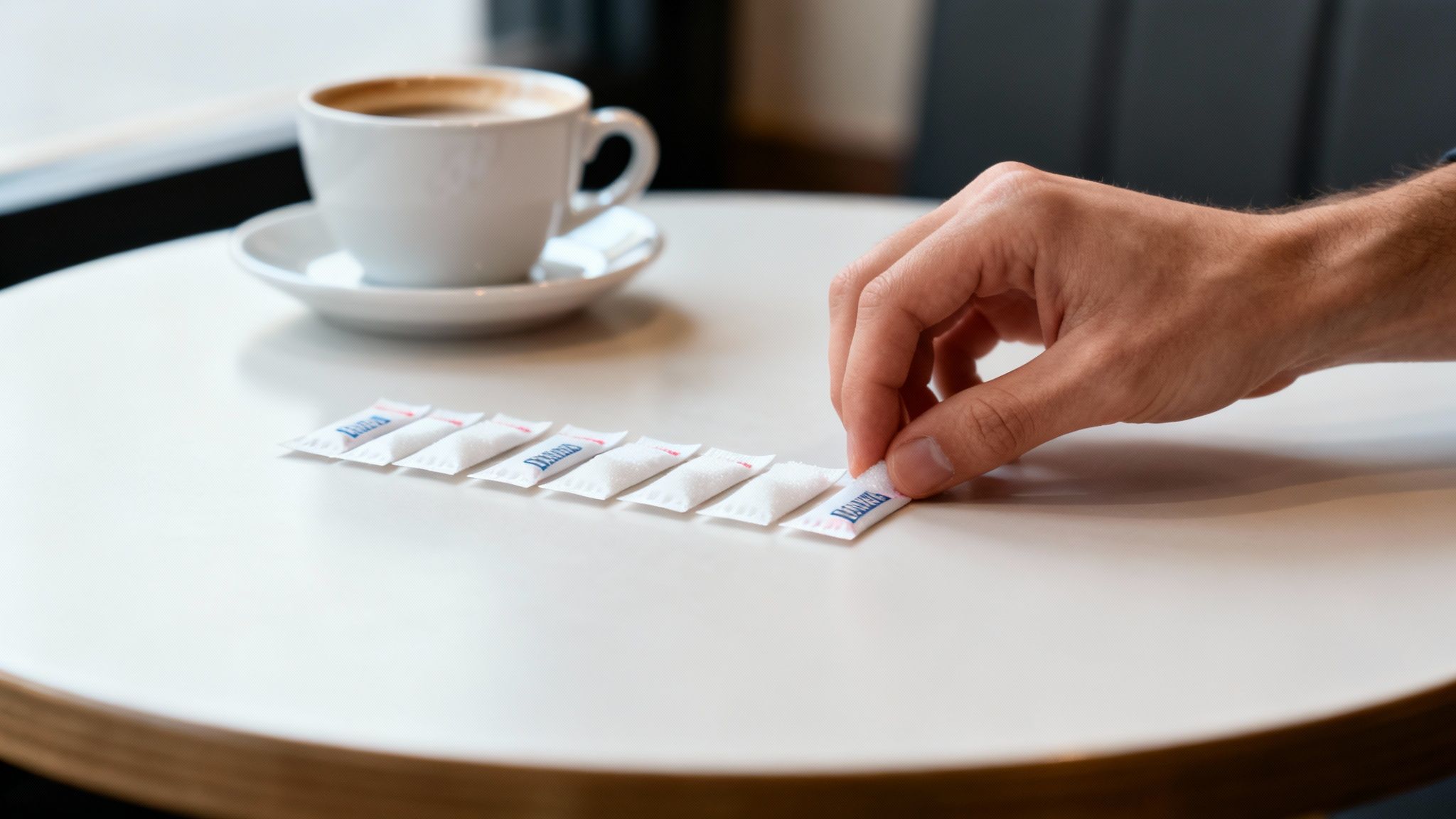 A hand reaches for one of seven sugar packets arranged in a line next to a coffee cup.