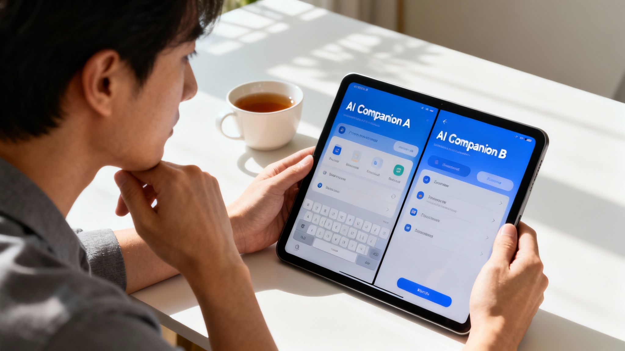 A man uses a tablet displaying a split-screen AI Companion app while sitting at a table with tea.
