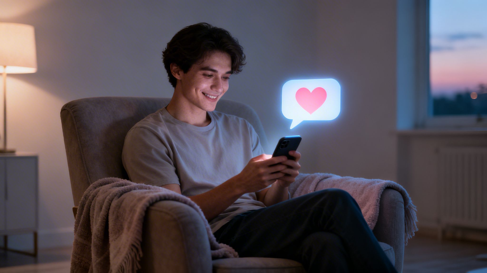 Smiling young man in an armchair looking at his smartphone, receiving a glowing heart notification.