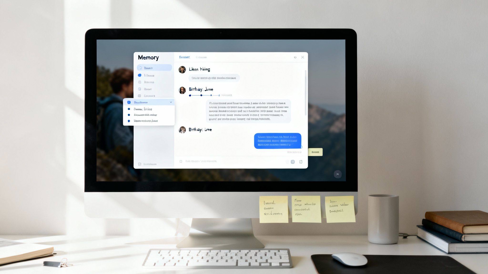 A sleek desktop computer showing a messaging app on a desk with office supplies.