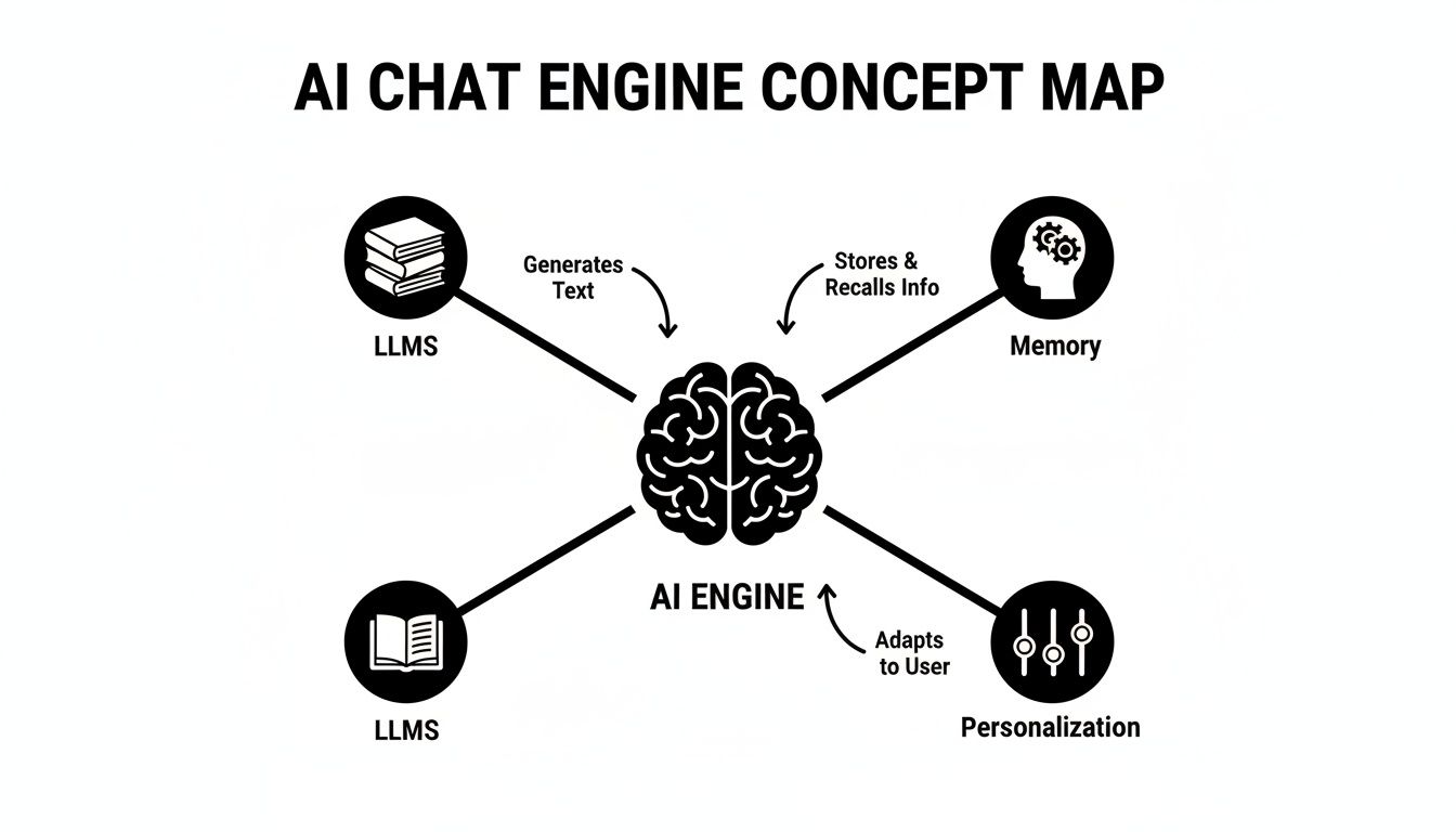 A concept map illustrating the core components of an AI chat engine, including LLMs, memory, and personalization.