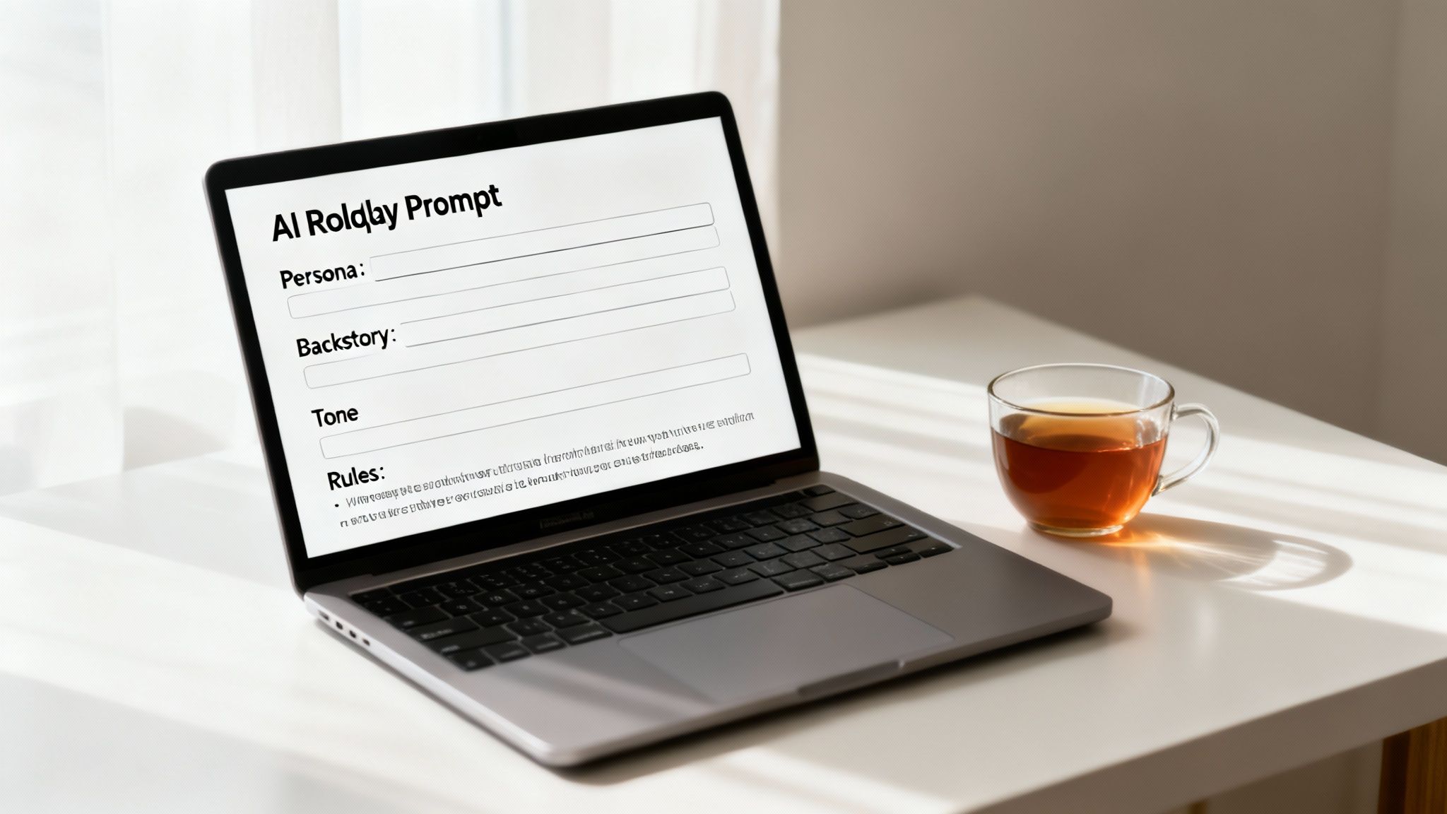 Laptop displaying an AI prompt form with fields for persona, backstory, tone, and rules, beside a cup of tea on a sunlit white desk.