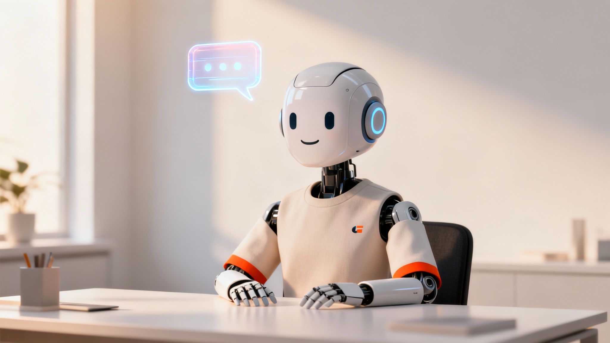 A friendly AI robot with a glowing chat bubble above its head sits at a modern desk.