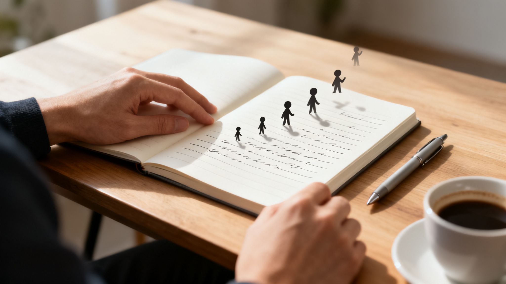 Hands hold an open notebook on a wooden desk with paper figures symbolizing personal growth and progress.