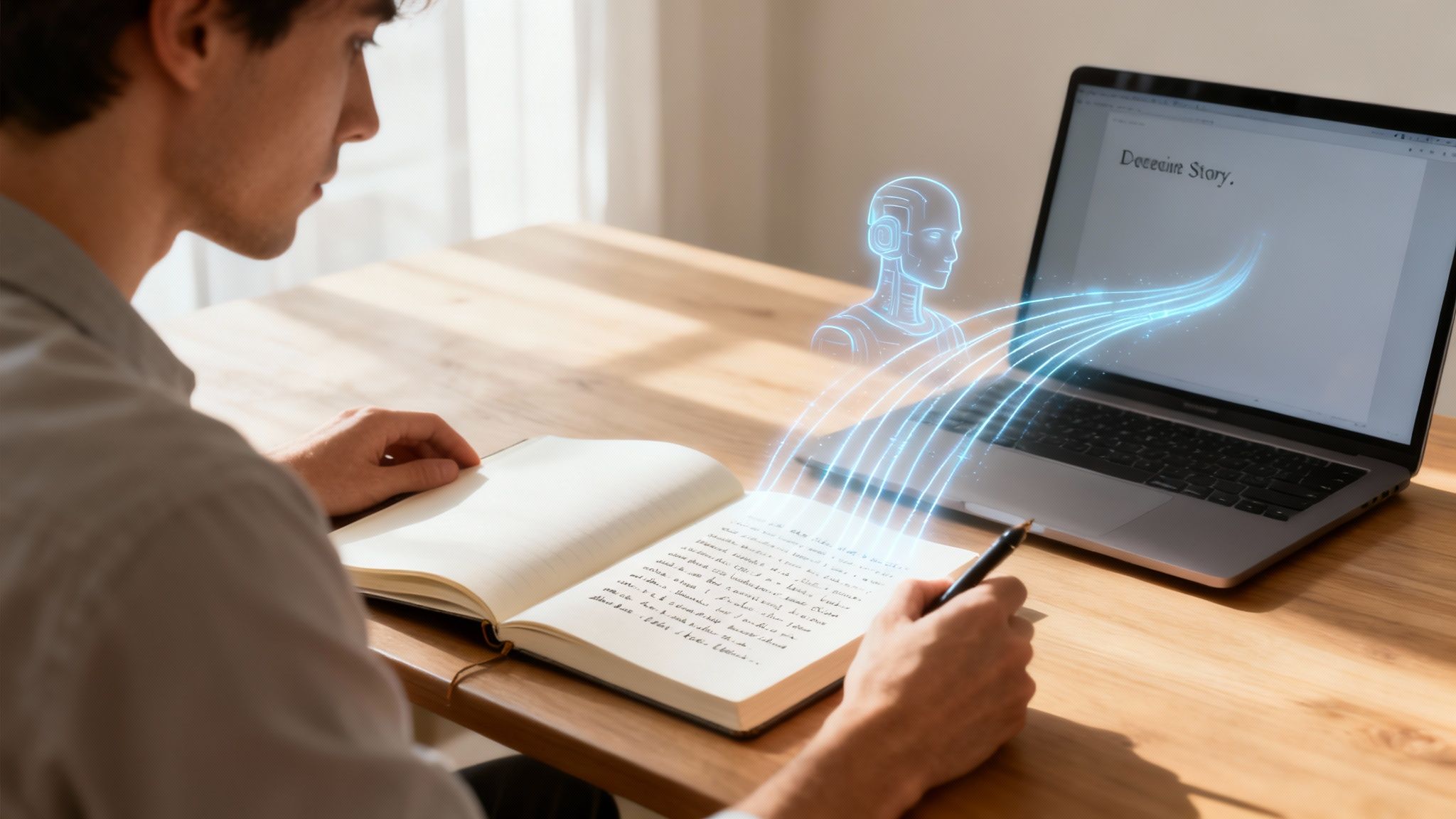 Man writing in a notebook, using a laptop with an AI assistant to continue a story.