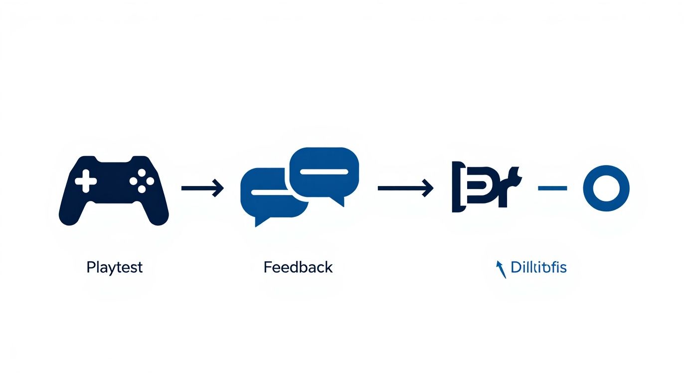 Game controller icon leading to feedback bubbles then branching to multiple outcome choices workflow diagram