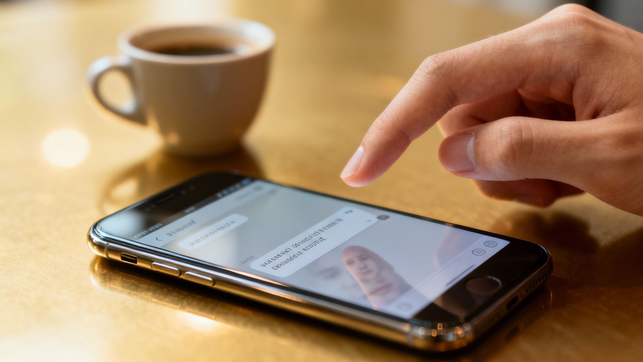 A close-up of a hand typing on a smartphone screen next to a coffee cup.