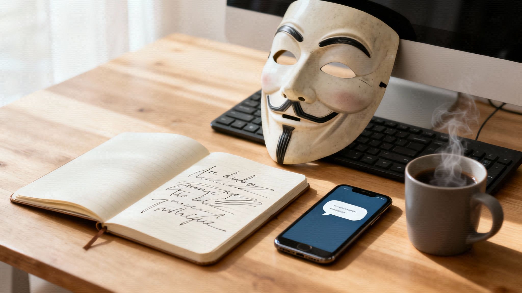 Anonymous mask on desk with laptop, notebook with handwritten text, smartphone and coffee mug