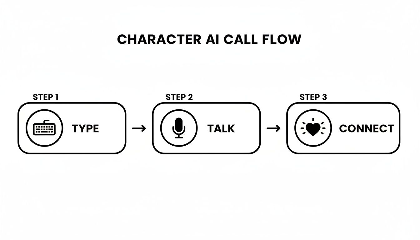 Diagram showing Character AI call flow with steps: Type (keyboard), Talk (microphone), Connect (heart).