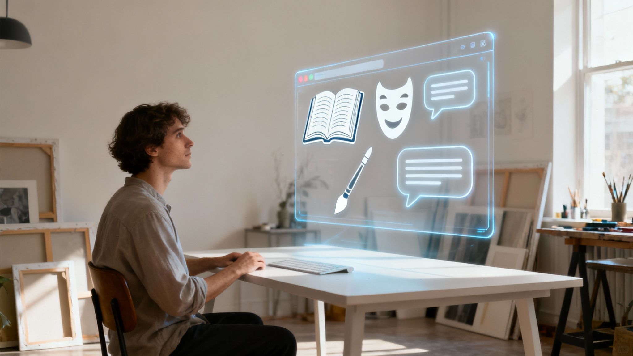 Creative professional using holographic interface displaying book, mask, paintbrush, and chat bubble icons for artistic work