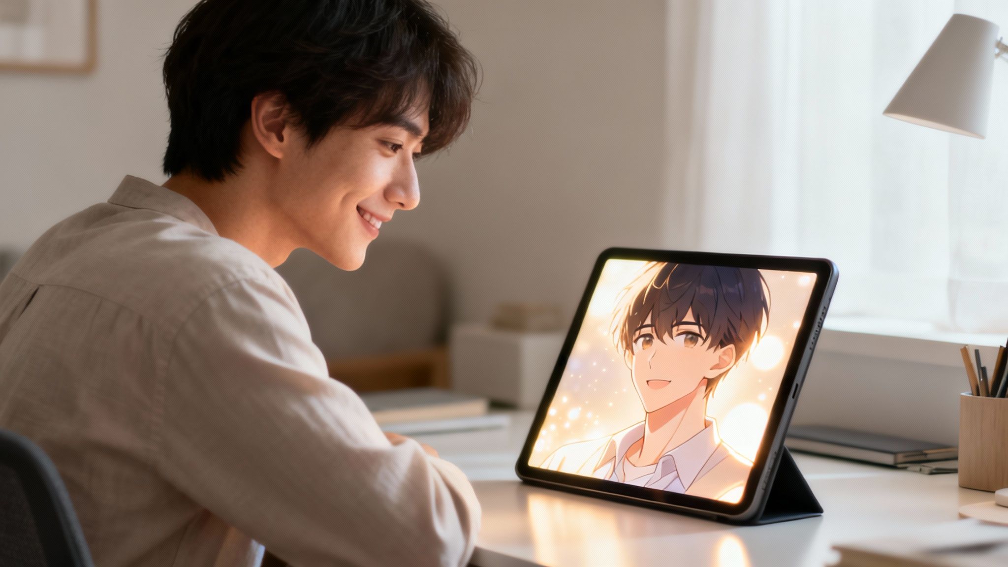 Smiling man engrossed in watching an anime male character on a tablet screen.