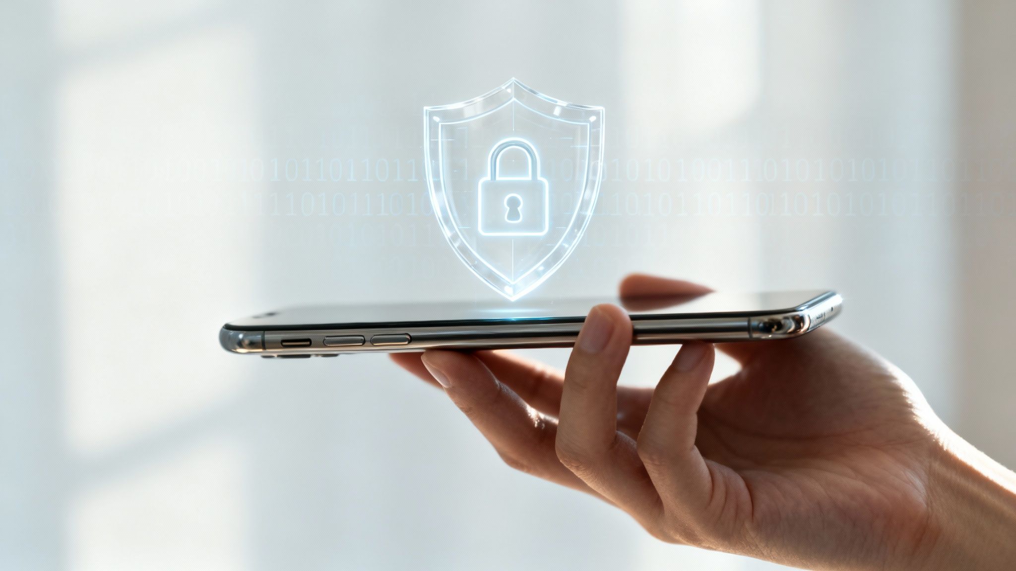A person reviewing privacy settings on their phone, symbolized by a lock icon over a heart.