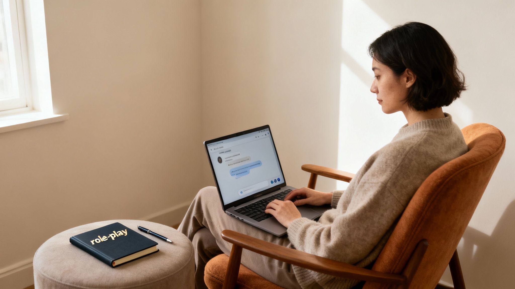 A person sits in a cozy armchair, typing on a laptop, with a "role-play" notebook nearby.