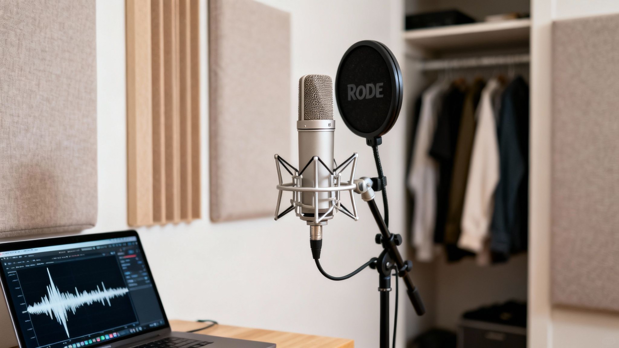 A RODE microphone and laptop with audio waveform in a home recording studio with acoustic panels.