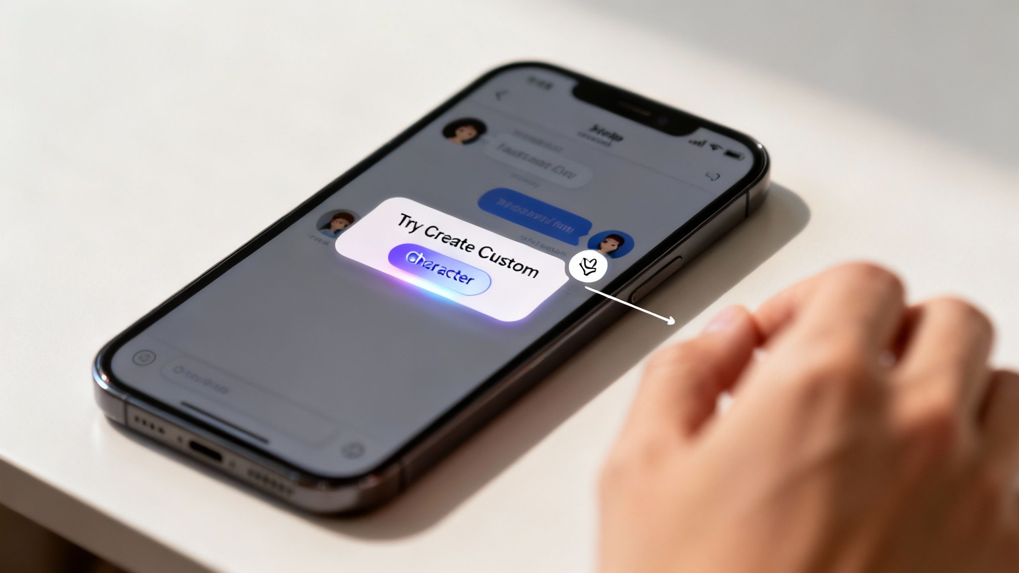 A smartphone screen displays a messaging app with a pop-up offering to create a custom character.