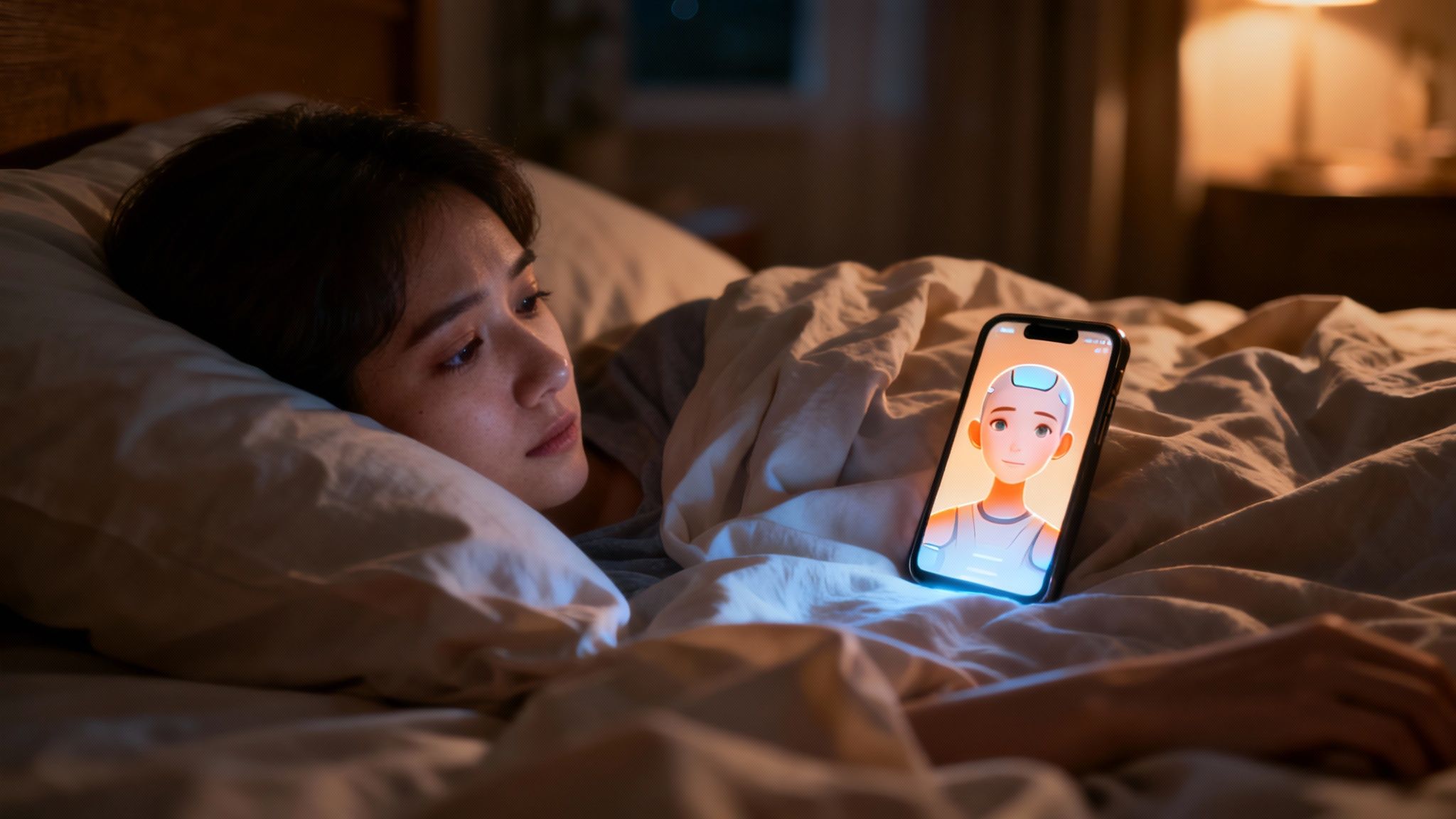 A person smiling while interacting with an AI companion on their phone, feeling a sense of connection and support.