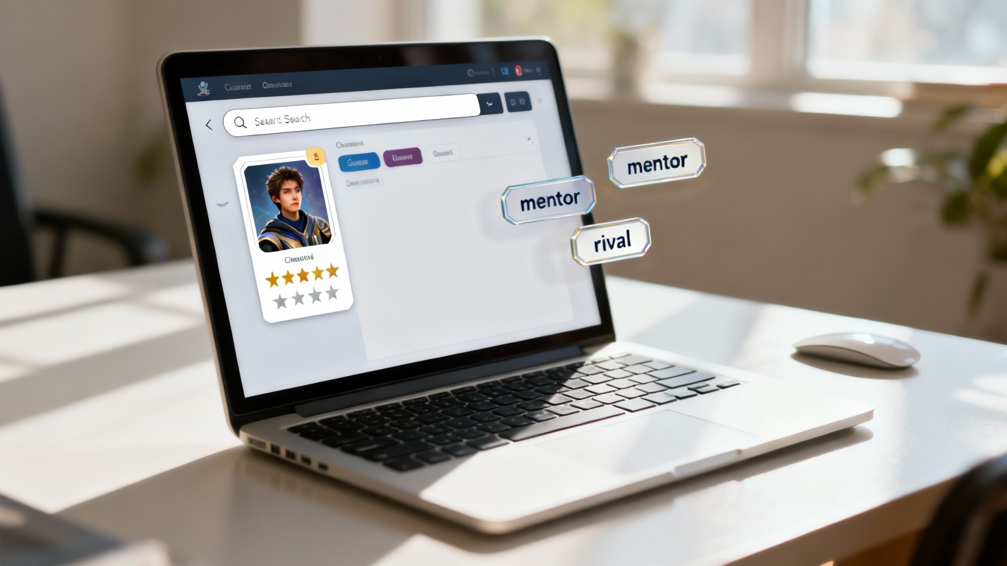 A laptop screen displays a character profile card with a search bar and floating 'mentor' and 'rival' tags.