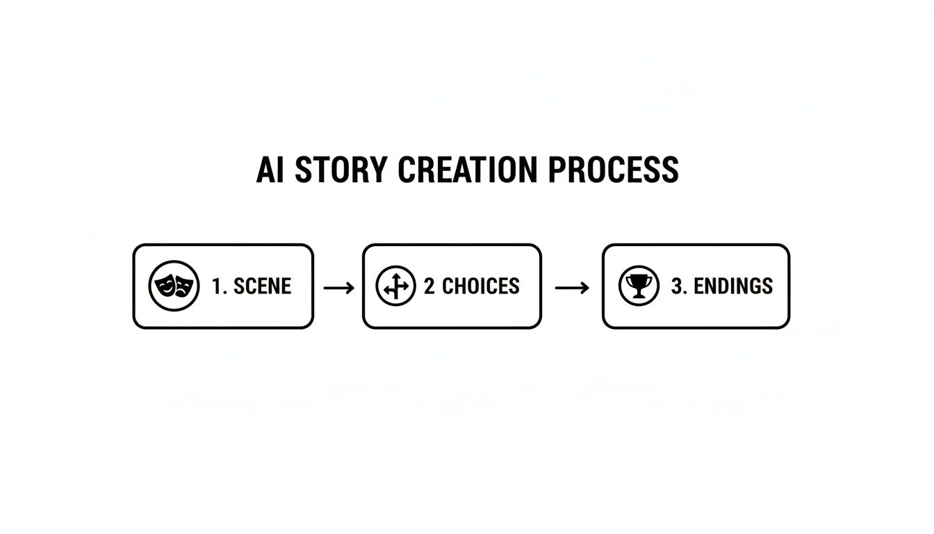 Diagram showing the AI story creation process from scene generation, through choices, to various endings.