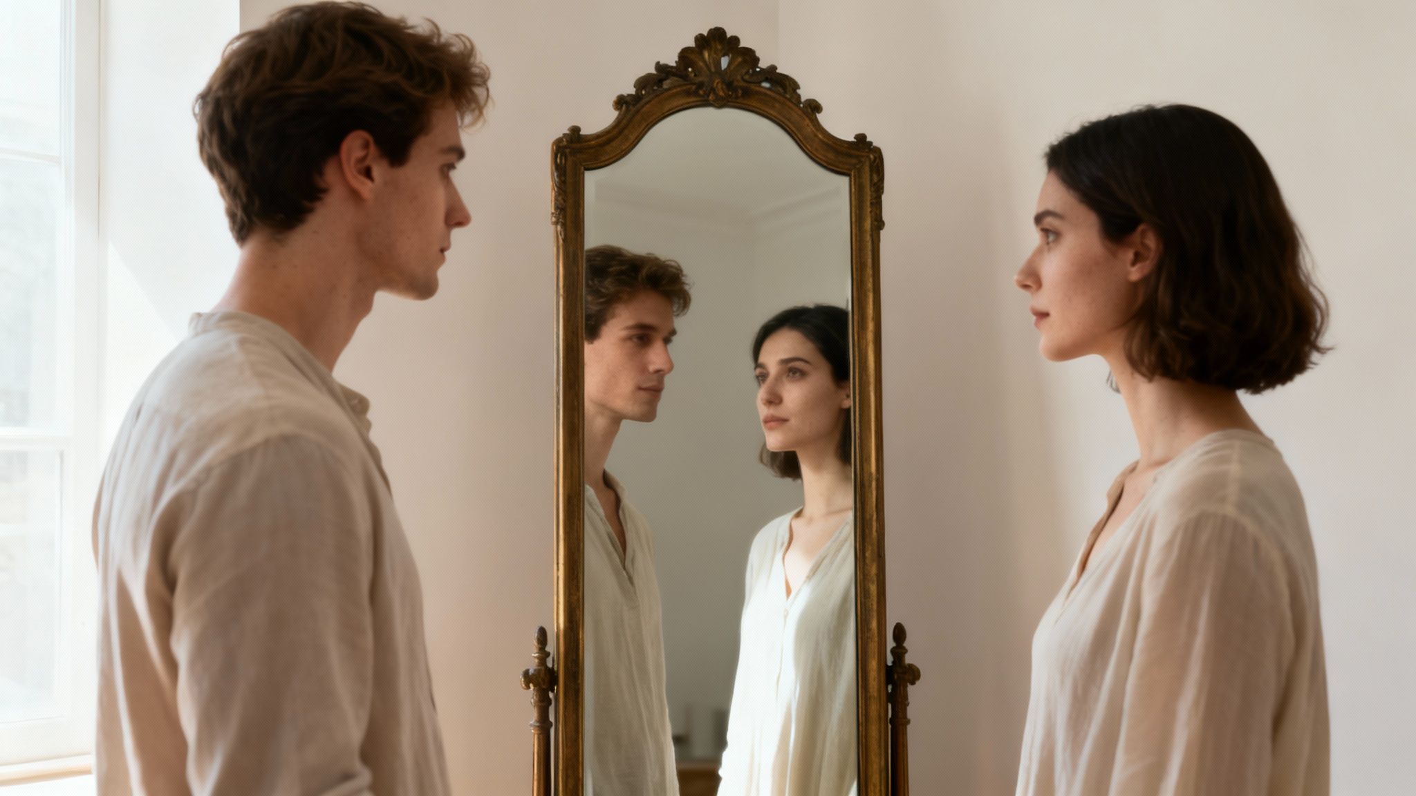 A man and woman stand on opposite sides of a mirror, their reflections looking at each other intently.