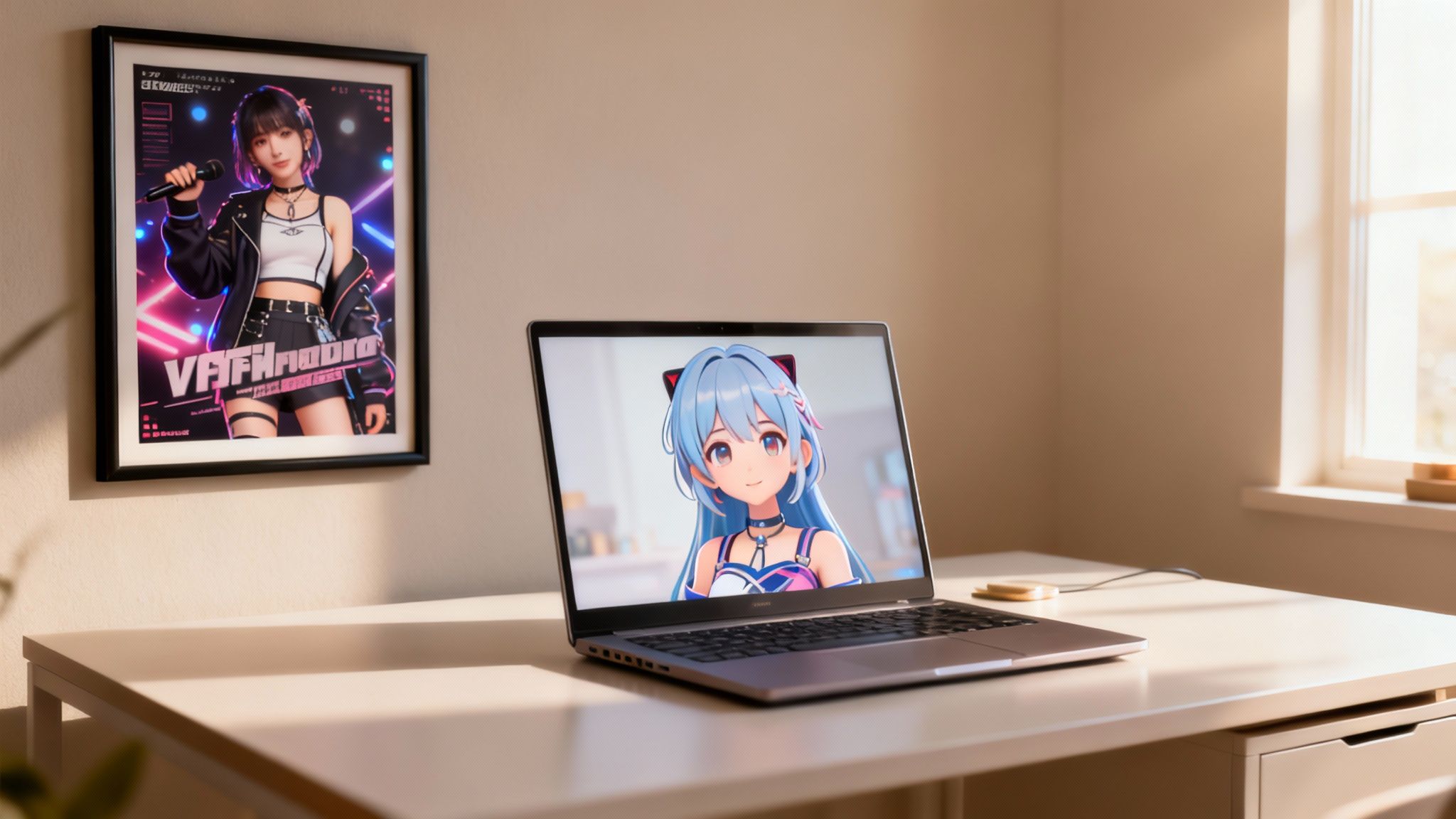 A modern office desk with a laptop displaying an anime character and a framed poster.