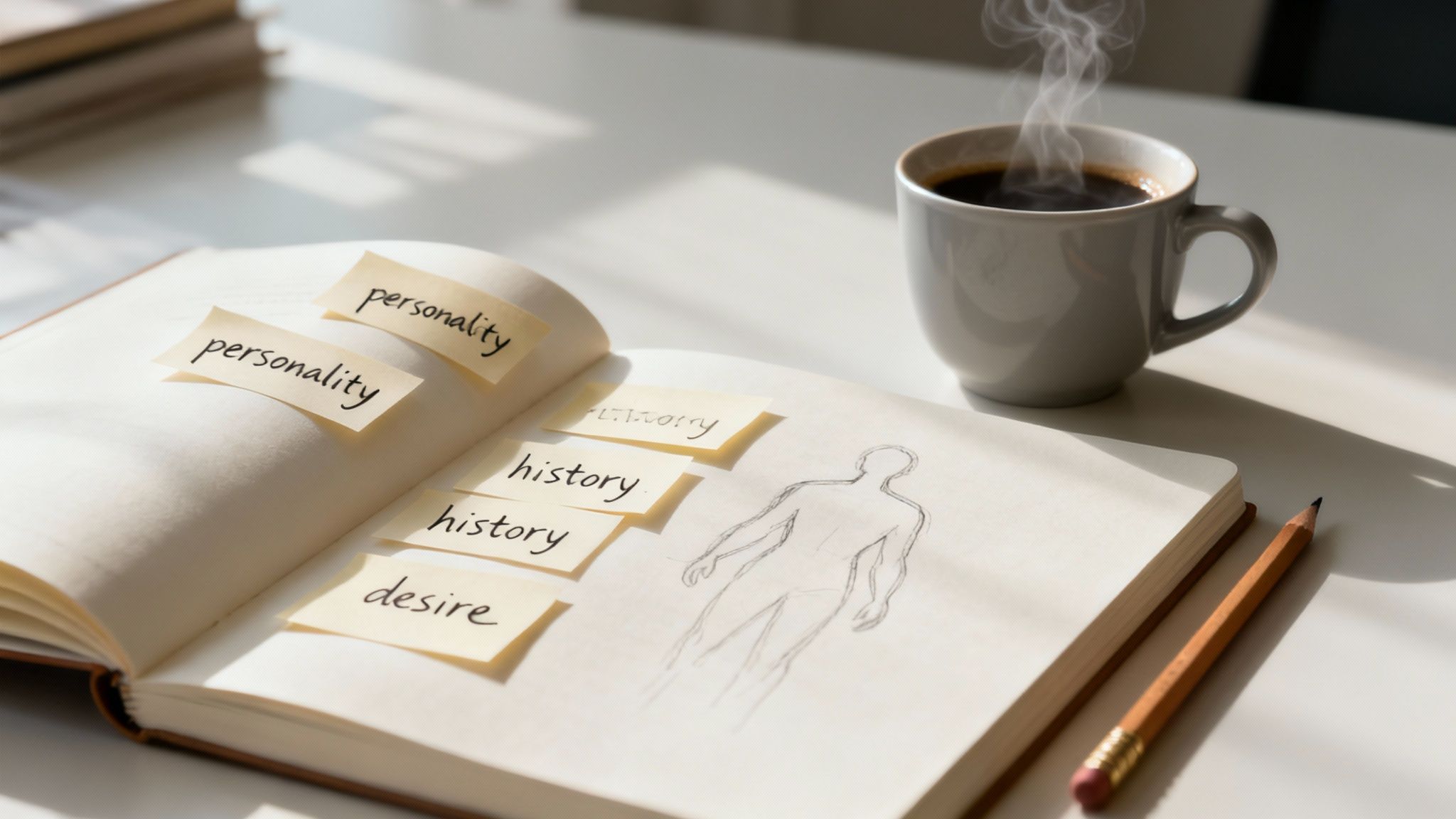 A detailed blueprint schematic of a human head, symbolizing the structured creation of a character's mind.
