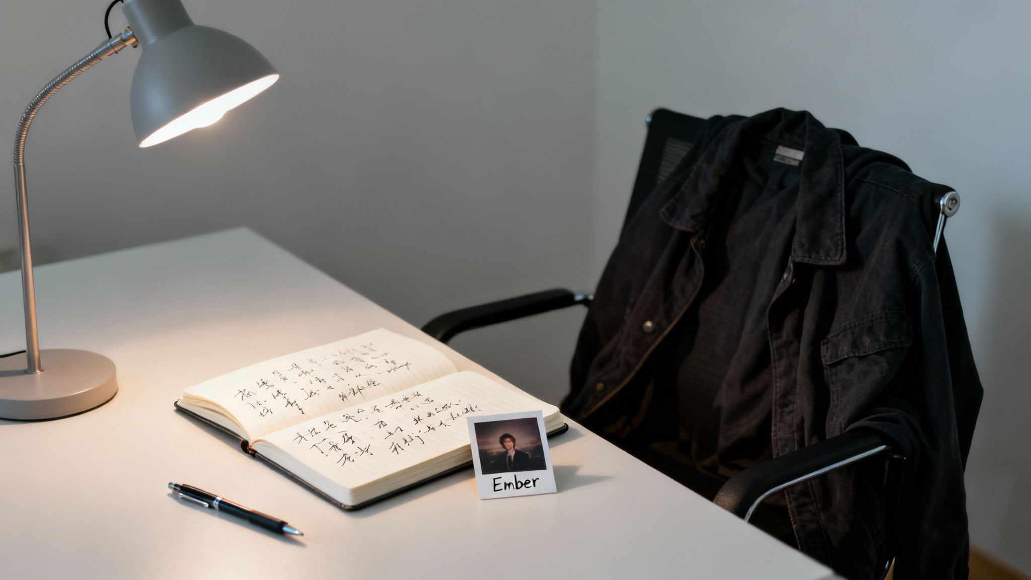 A desk setup with a lit lamp, open notebook, pen, and a polaroid photo named 'Ember'.