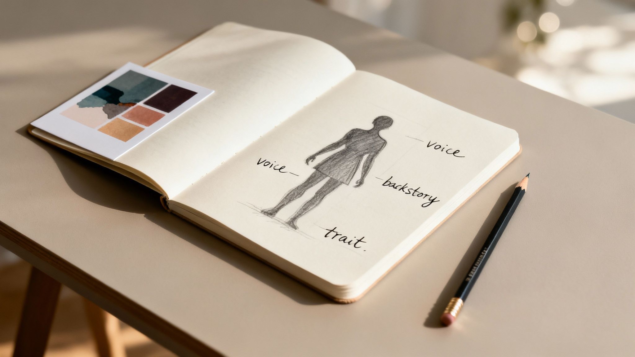 A notebook open on a table showing a character sketch, color palette, and pencil.