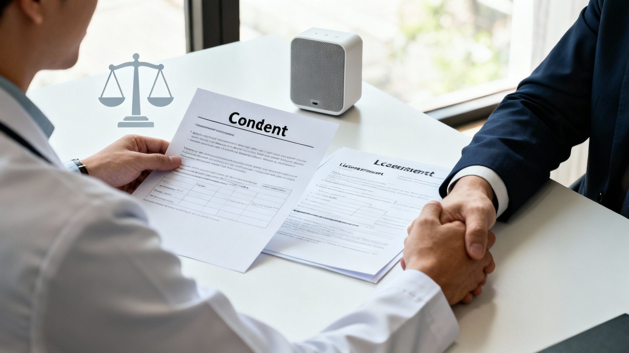 A doctor and lawyer shake hands over legal documents, with a scales of justice symbol.
