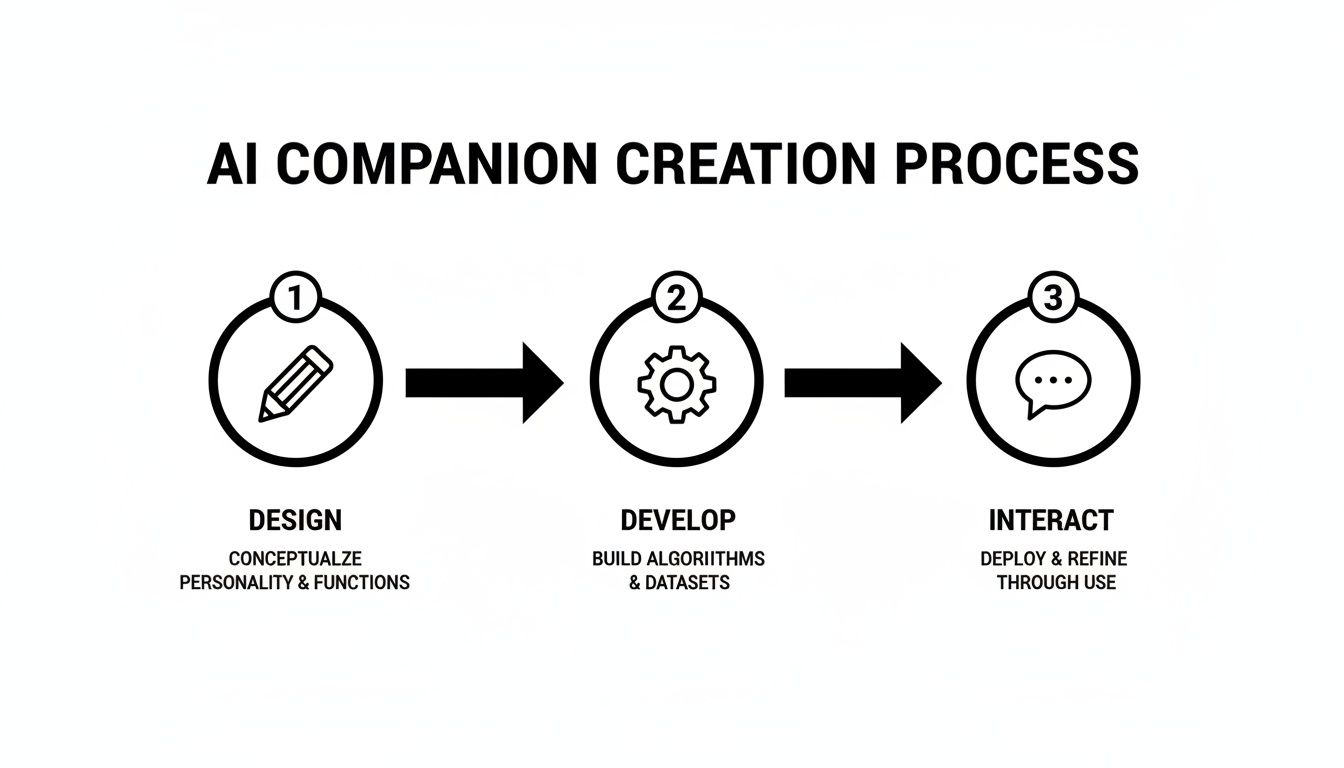 A three-step diagram illustrating the AI companion creation process: Design, Develop, and Interact.