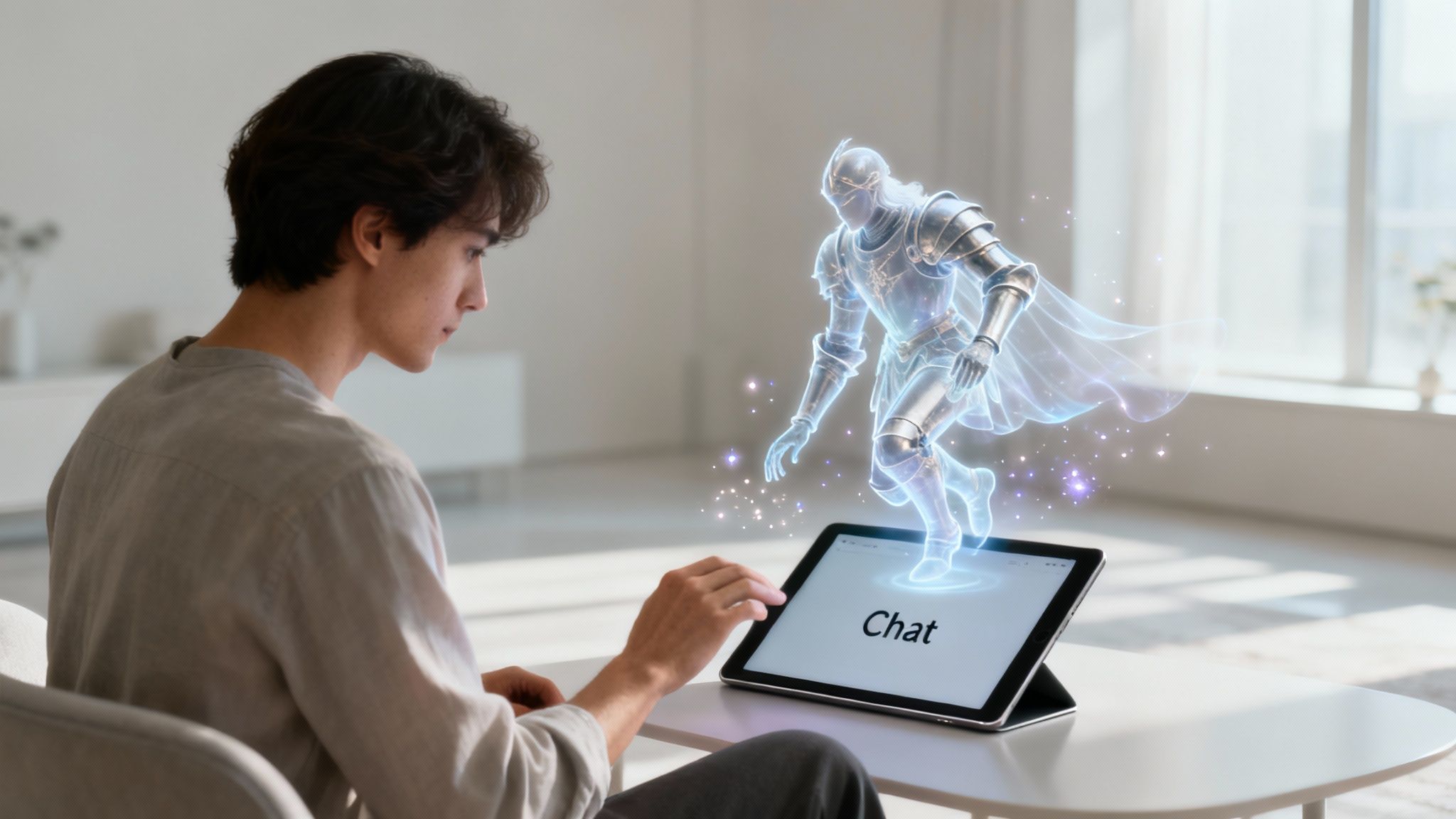 A young man interacts with a tablet displaying a glowing holographic fantasy knight and 'Chat' interface.
