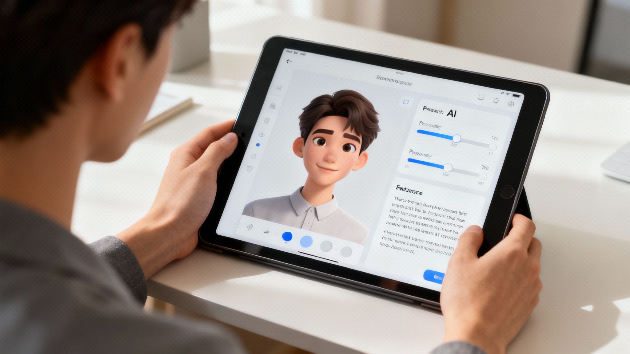 A close-up of a user interface for creating and customizing an AI character, showing options for personality traits and backstory.