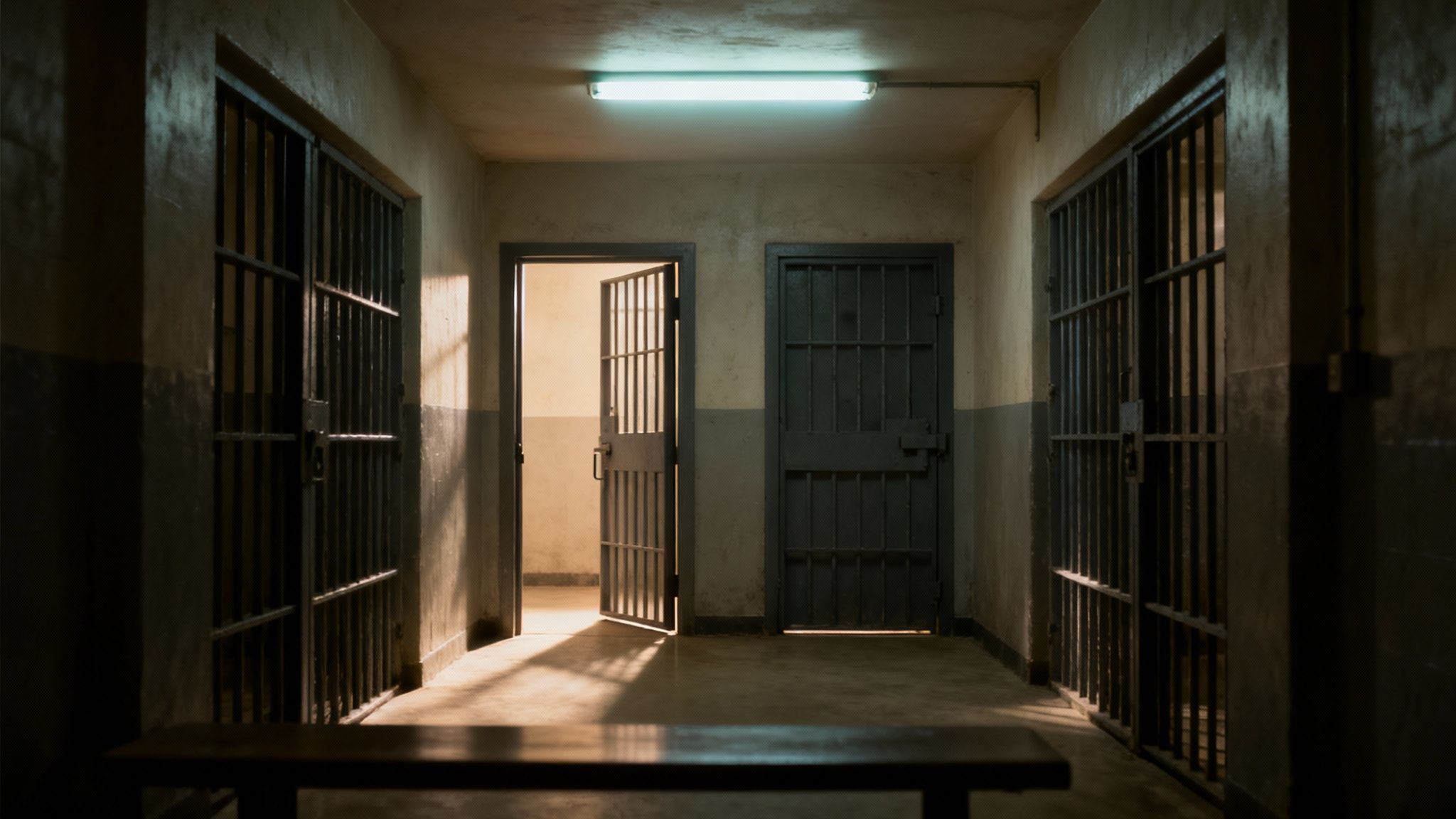 A moody, atmospheric image of a modern, clean jail cell block at dusk, with light streaming through the windows.