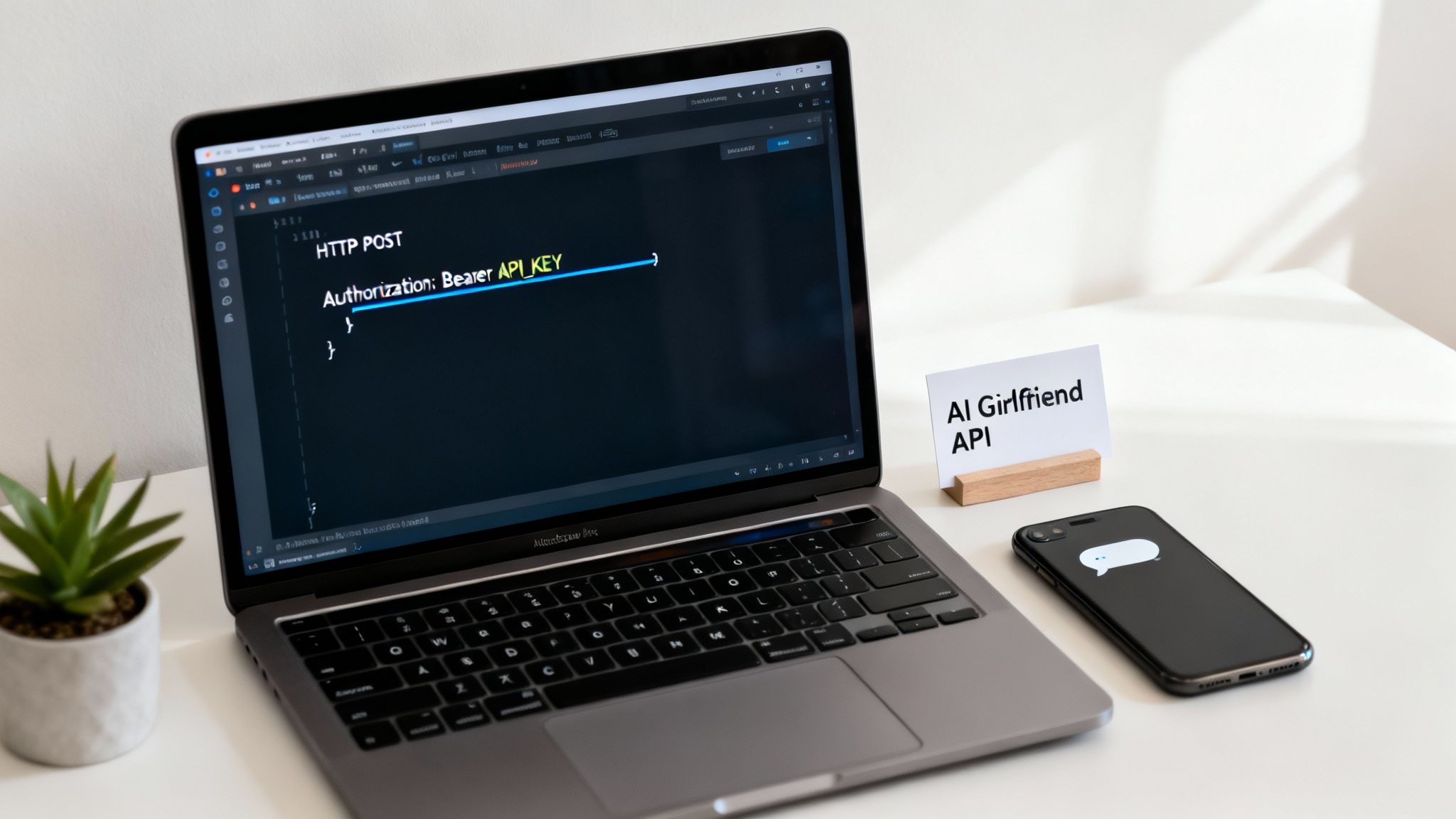 A laptop showing API code, an 'AI Girlfriend API' card, and a smartphone on a desk.