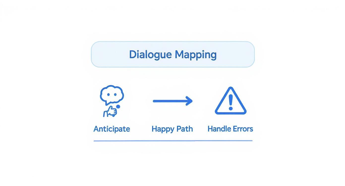 Diagram showing Dialogue Mapping steps: Anticipate user input, follow Happy Path, and Handle Errors.