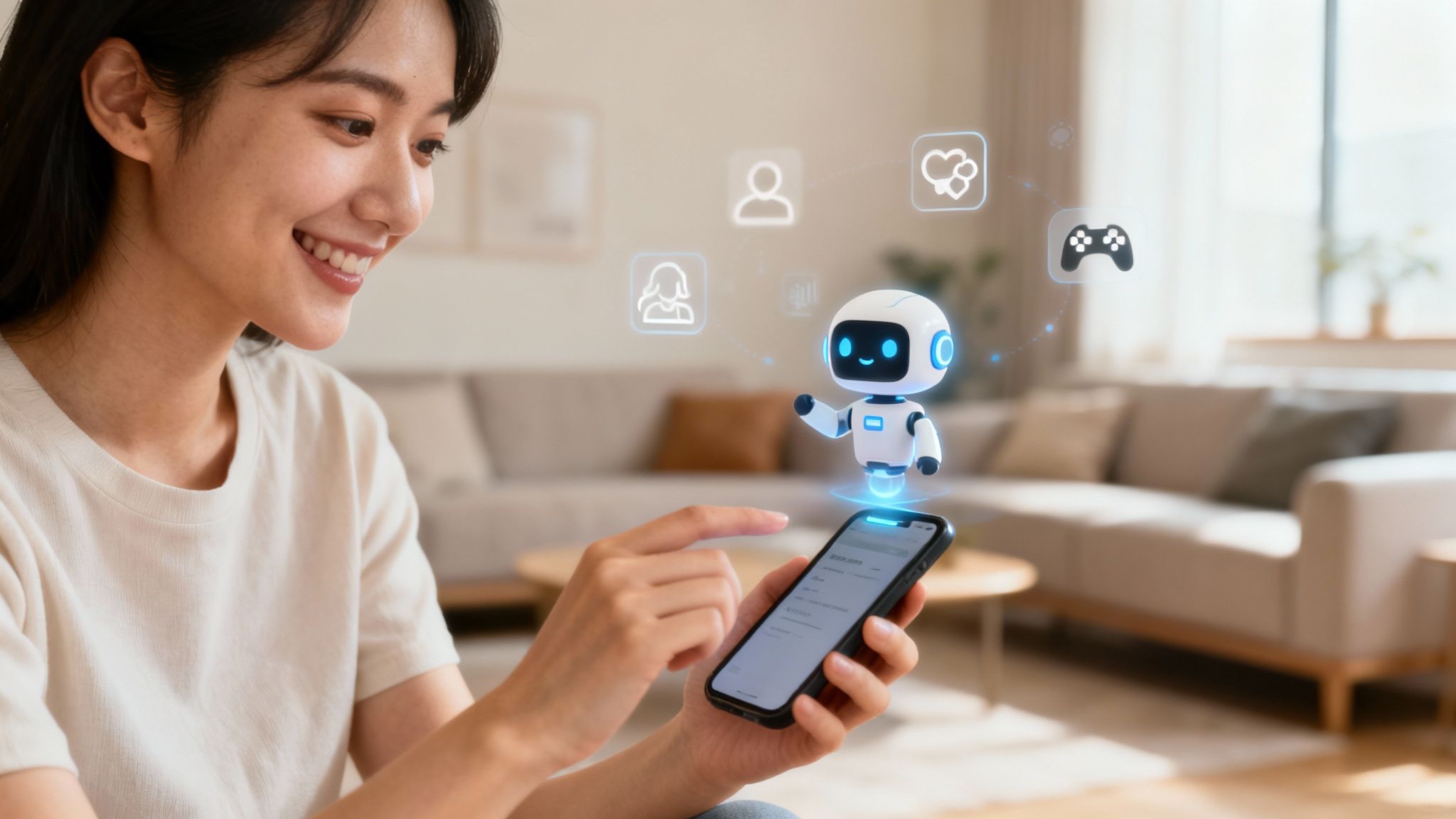 A person chatting with an AI character on their smartphone