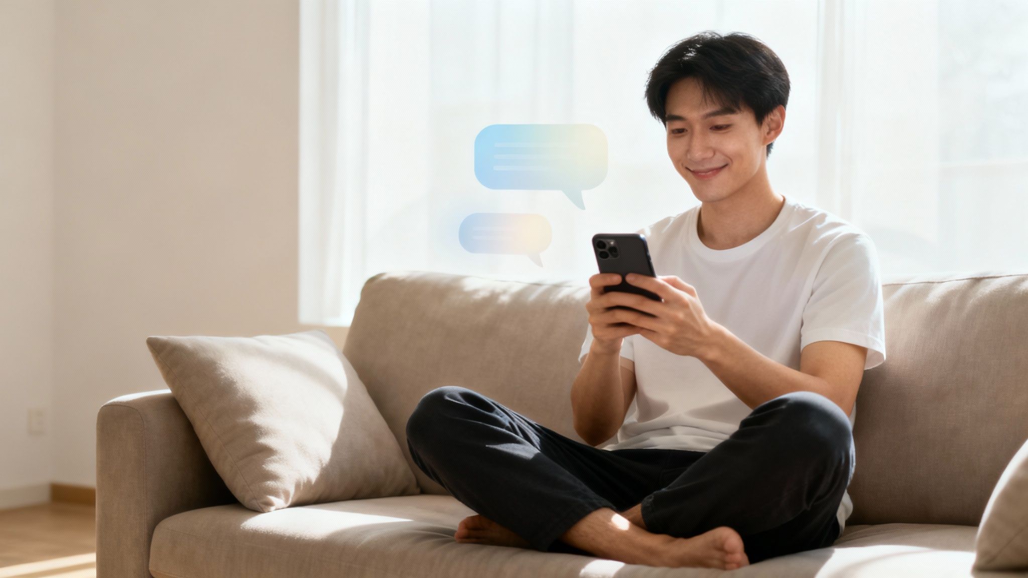 Young Asian man smiling while texting on smartphone sitting crossed-legged on beige couch