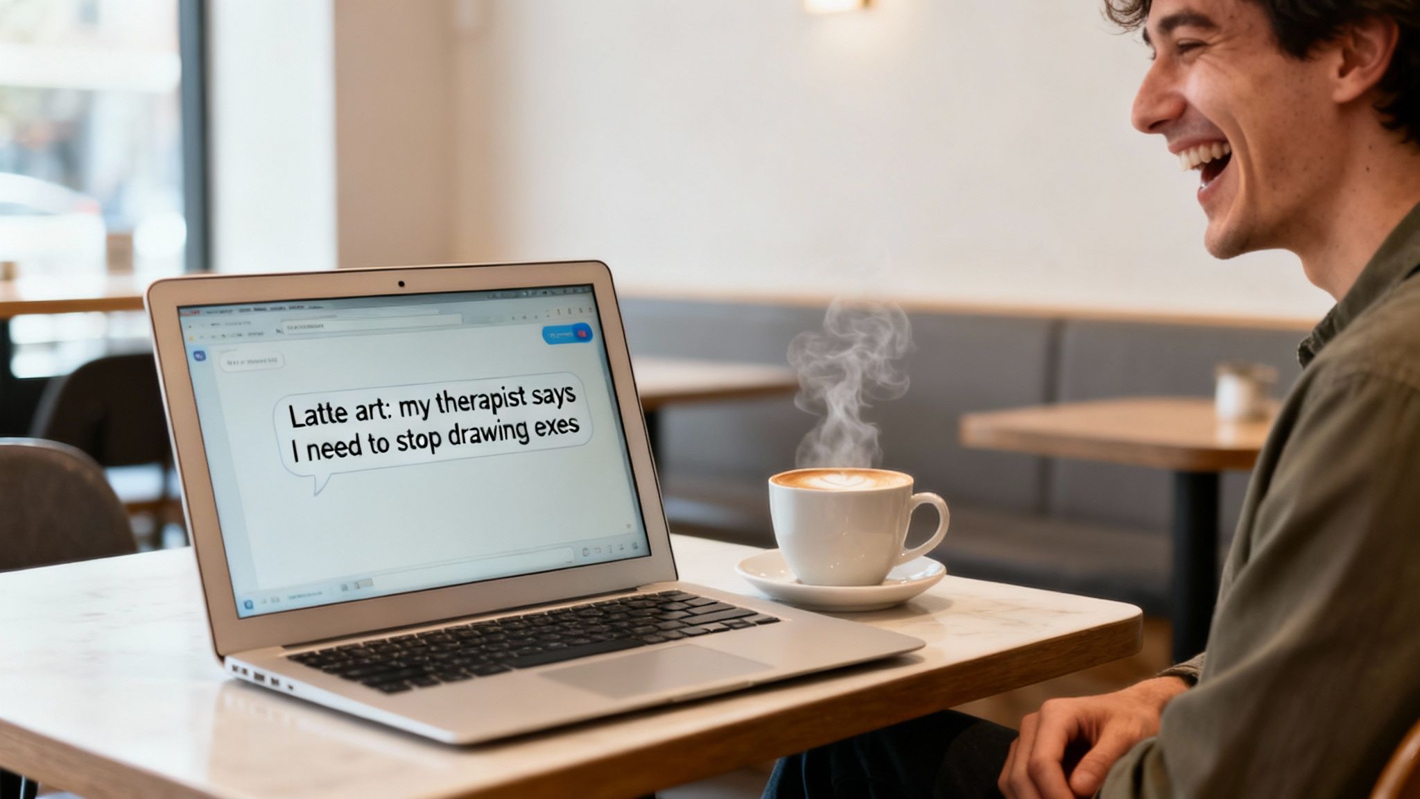 A man laughs at a laptop in a cafe displaying a humorous message about latte art and exes, next to steaming coffee.