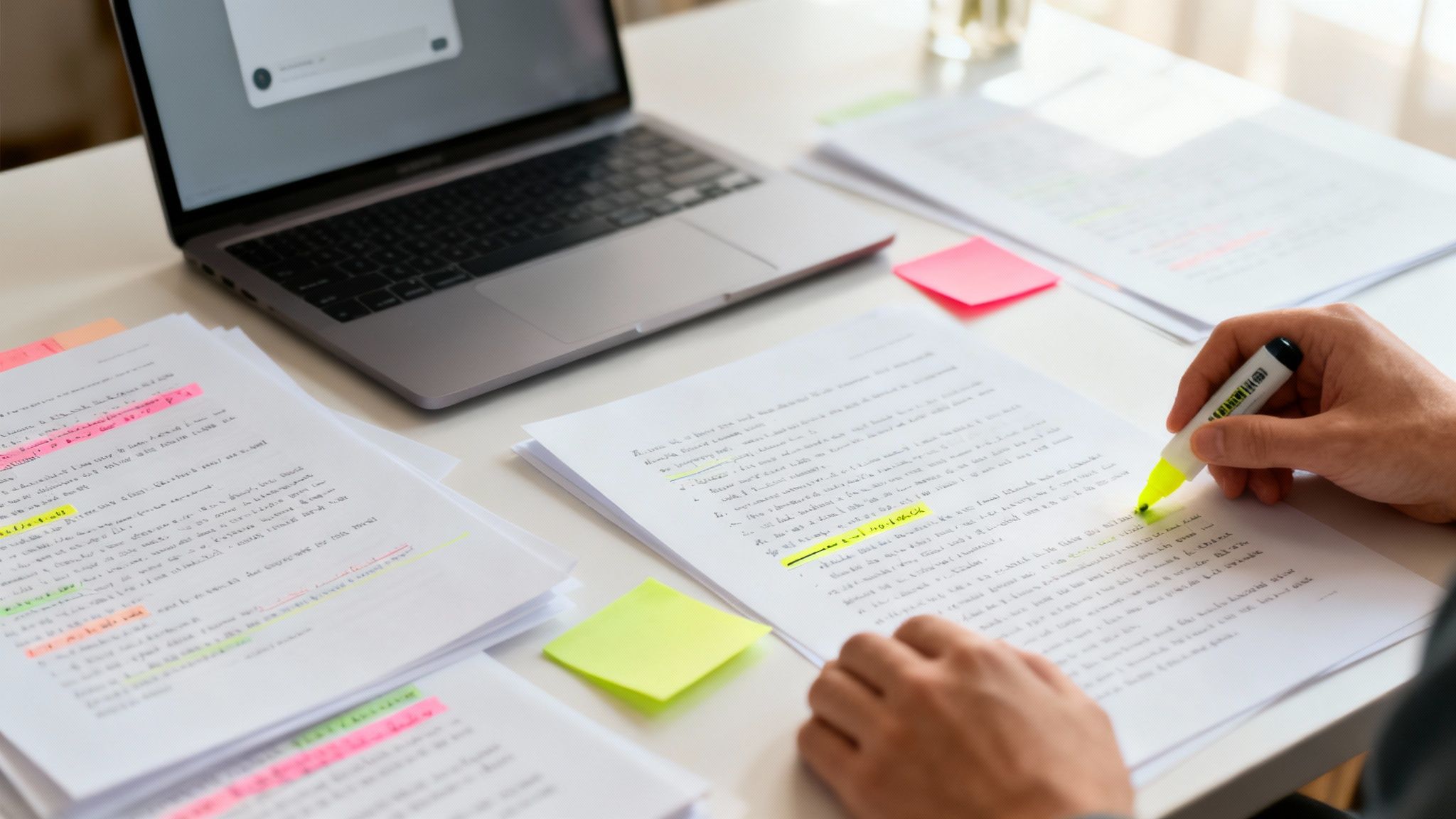 A person highlighting notes with a yellow marker on a desk filled with papers and a laptop.