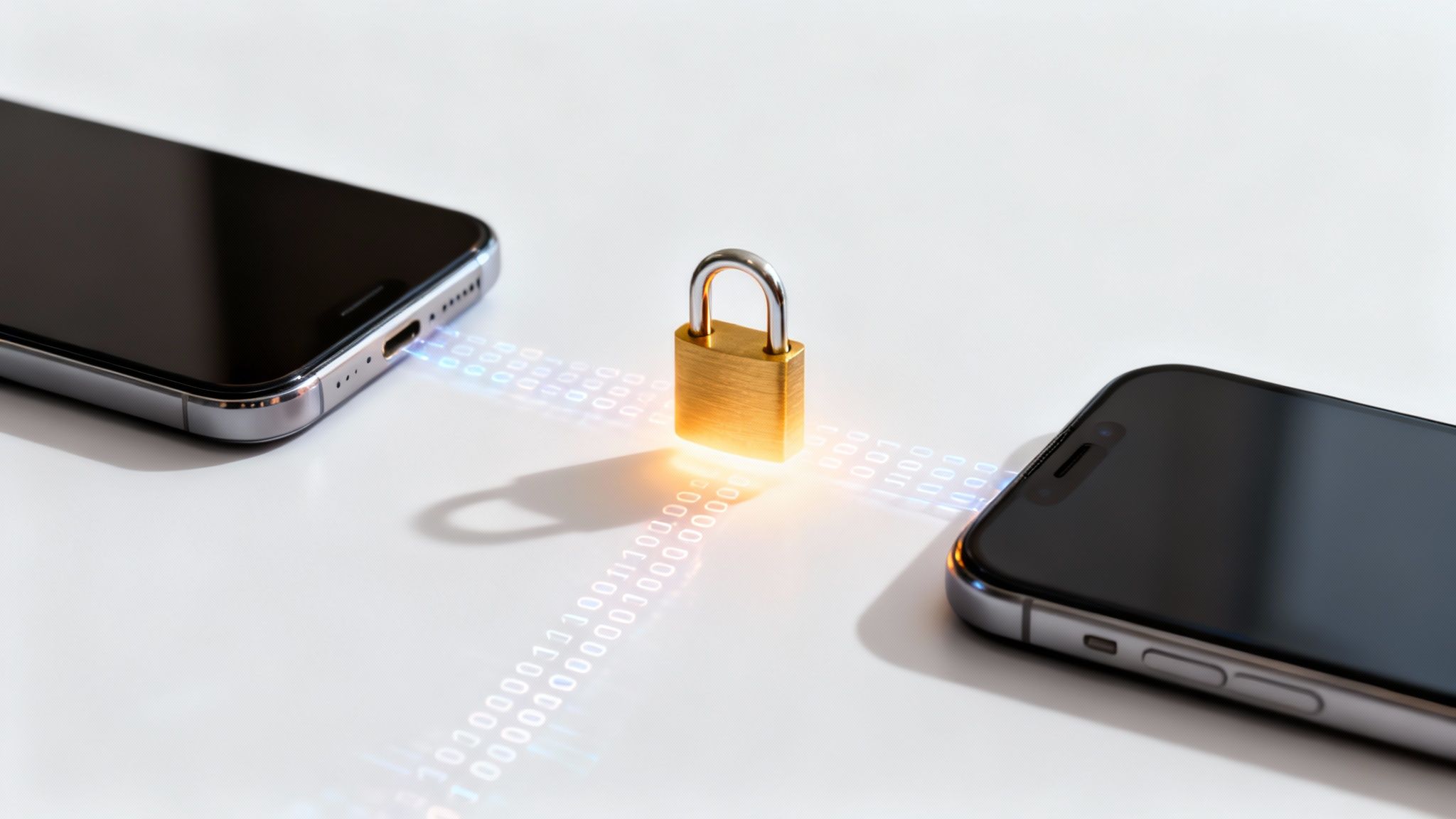 A glowing golden padlock stands between two smartphones, with binary code streams representing secure data transfer.