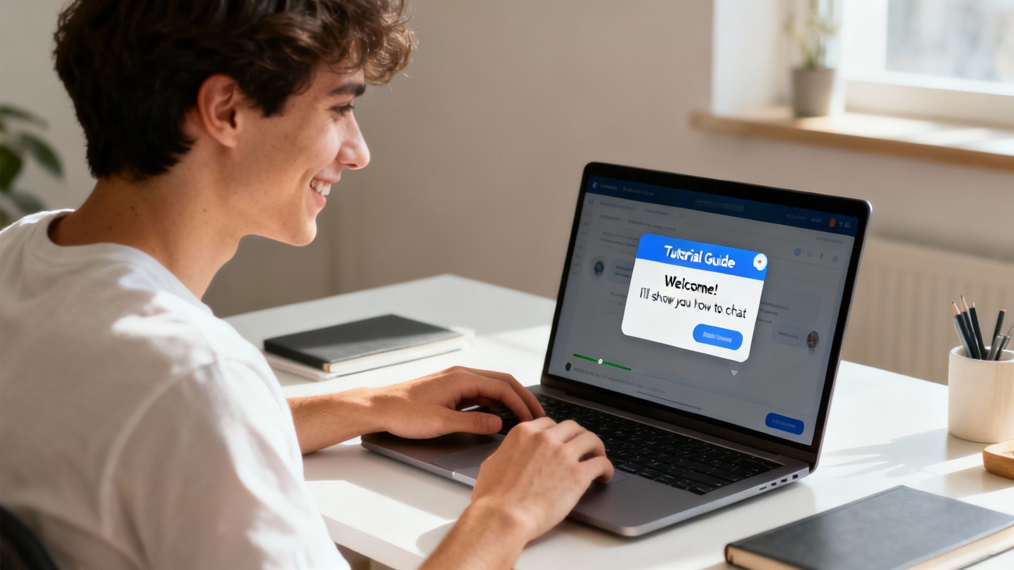 A smiling young man uses a laptop showing a 'Tutorial Guide' for user onboarding, demonstrating a positive first experience.
